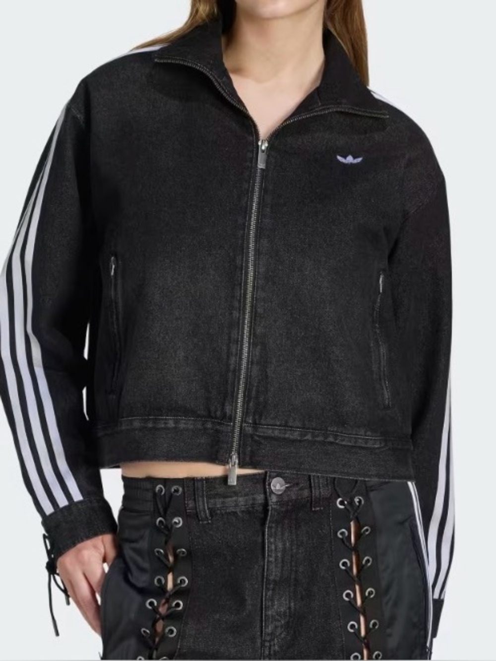 Adidas Black Denim FB Lace-Up Track Jacket, 100% Cotton, Style KS1394 Size M NWT